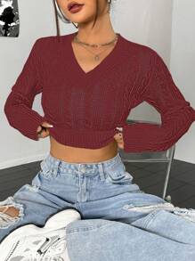 Flirla Women's Solid V-Neck Long Sleeve Casual Cropped Sweater Knit Pullover Fall Winter - Burgundy - View 5