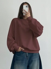 DAZY Pattern Embroidered Loose Fit Crew Neck Long Sleeve Women Sweatshirt - Coffee Brown - View 4