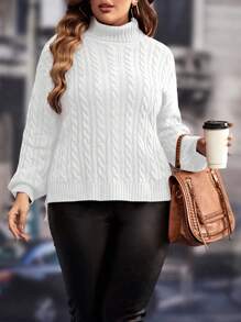 SHEIN LUNE 大码女式绞花针织高领落肩侧开衩休闲毛衣，秋冬针织套头衫 - 白色 - 查看 4