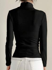 DAZY 女式半高领长袖修身打底 T 恤，黑色，春夏、秋装 - 黑色 - 查看 2