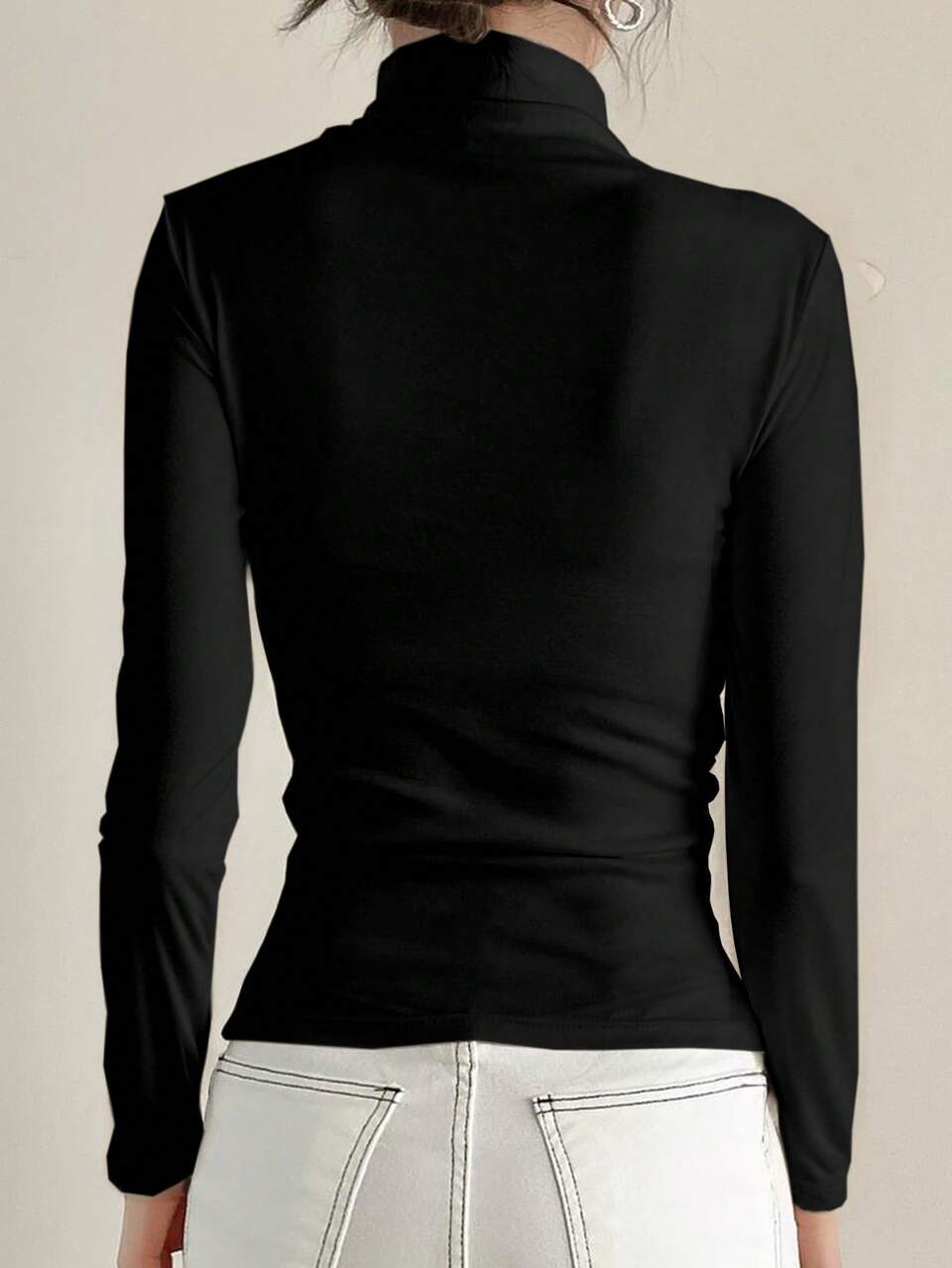 Women Semi-Turtleneck Long Sleeve Fitted Base Layer T-Shirt, Black, Spring/Summer,Fall Clothes
