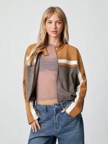 SHEIN EZwear Multi-Color Suede Women Short Zipper Front Jacket For Autumn