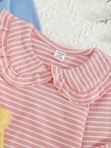 SHEIN Playful Pals 3pcs/Set Baby Girls Elegant Ruffle Peter Pan Collar Striped Long Sleeve T-Shirt, Cute & Fashionable Ideal For Casual, Holiday And Everyday Wear, All Seasons - Blue - View 6