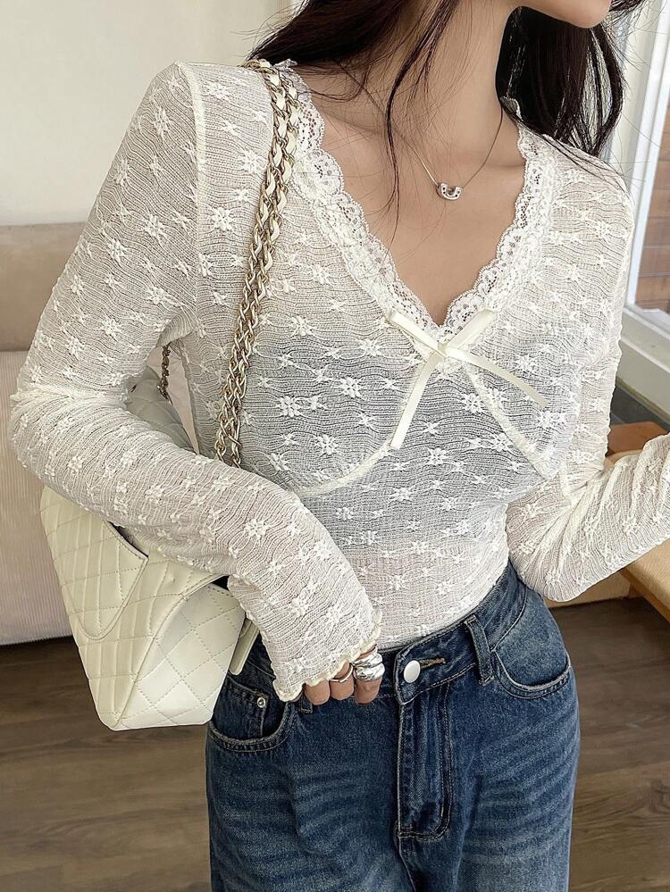 Women Casual Lace Patchwork Bow Decor Long Sleeve T-Shirt, New Style For Autumn,Fall Women Clothes