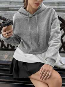 SHEIN Unity Women's Autumn/Winter Dropped Shoulder Long Sleeve Ruffle Hem Hooded Casual Comfortable Sweatshirt Pullover Fall - Grey - View 5