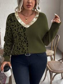 Calvaya Plus Size Leopard Print Patchwork Sequin V-Neck Drop Shoulder Loose Fit Sweater Knit Pullover Fall Winter Outfit