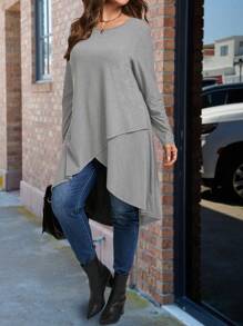 Plus Size Solid Color Long Asymmetrical Hem Crew Neck Long Sleeve T-Shirt