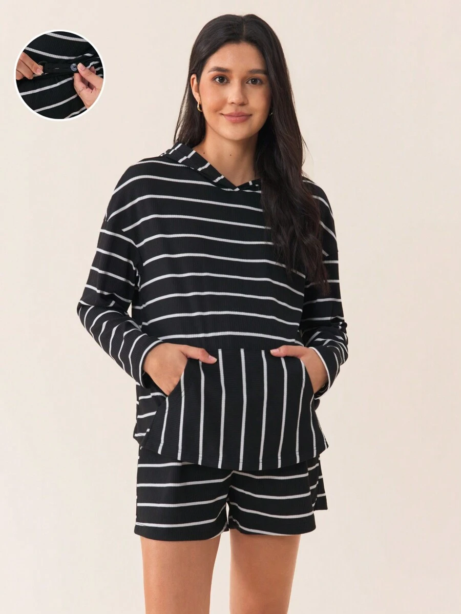 SHEIN 2pcs Maternity Set - Dropped Shoulder Hooded Long Sleeve Sweatshirt With Pocket Detail And Adjustable Drawstring Shorts, Striped Design, Design, For Autumn - Black - View 1
