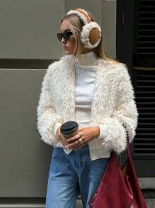 Aloruh Women Casual Chic Hooded Loose Long Sleeve Fluffy Warm Jacket