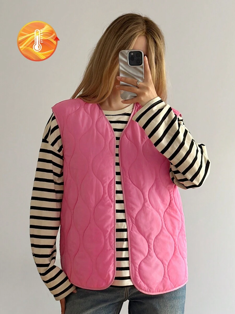 Forever 21 Women's Pink Quilted Padded Vest Jacket, Winter - Pink - View 1