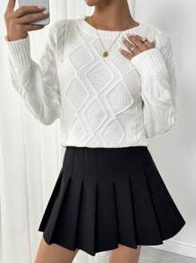 Chiquease Classic French Style Multipurpose Cable Knit Long Sleeve Pullover, Knit Pullover Fall Winter - White - View 3