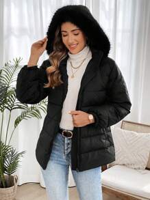 EMERY ROSE Women's Winter Warm Zip-Up Patchwork Fluffy Hooded Jacket