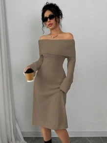 Elenzga 1 buah Gaun Sweater Rajut Hangat Lengan Panjang Model A-Line Tanpa Bahu Warna Beige untuk Wanita, Musim Gugur/Dingin - Khaki - View 6