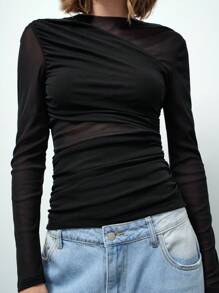 Maija 女士黑色不对称褶饰修身 T 恤 - 黑色 - 查看 9
