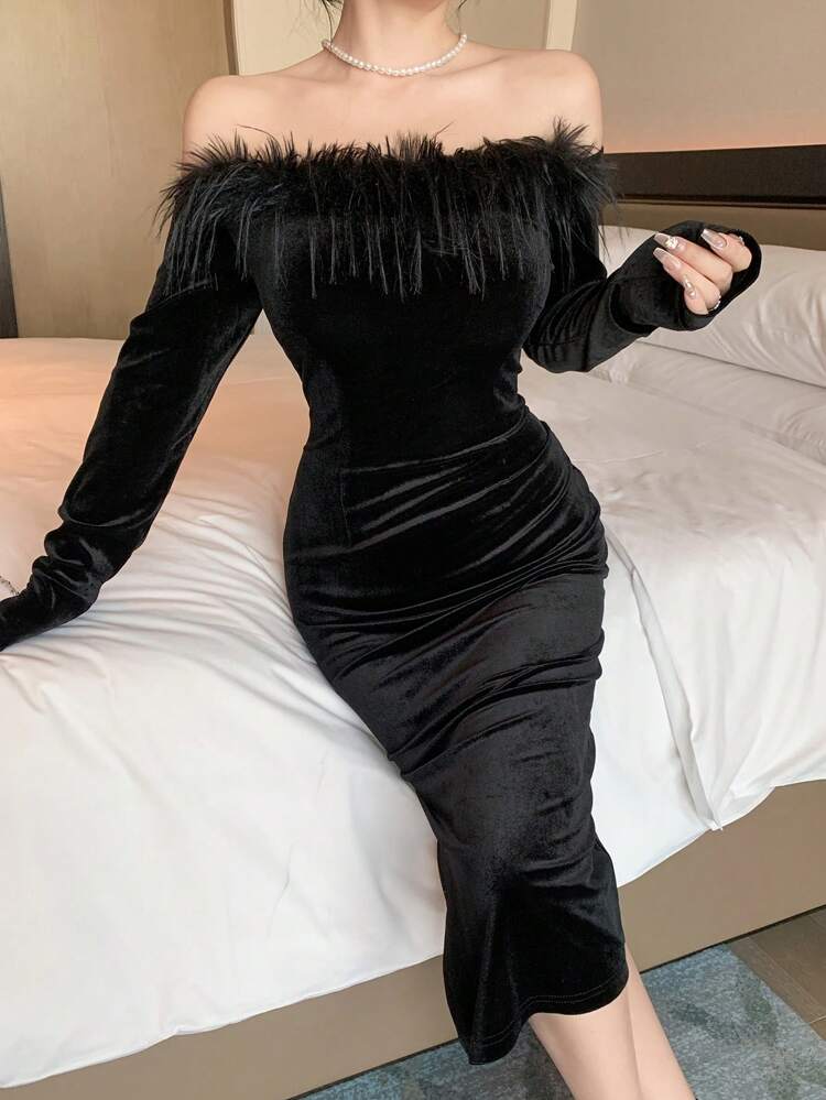 Vestido midi con hombros descubiertos, parches, flecos y abertura, vestido de fiesta para cumpleaños, Año Nuevo, baile de graduación, ropa de otoño, vestido de manga larga elegante para mujer, vestido de San Valentín