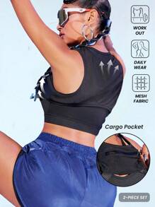 Innovista 2 pezzi/set Copri-serbatoio sportivo regolabile traspirante con costine, top corto per corsa/ciclismo, 2 pezzi tuta da donna con curve, adatto per campeggio all'aperto, escursionismo, spostamenti in città, palestra, allenamento