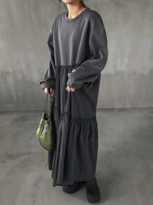 FRIFUL Women Round Neck Long Sleeve Pleated Minimalist Mid-Length Casual Dress,Fall Clothes