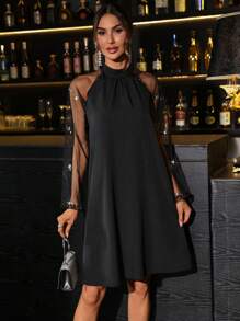 SHEIN Clasi 女士纯色网眼撞色立领长袖短款休闲连衣裙 - 黑色 - 查看 6