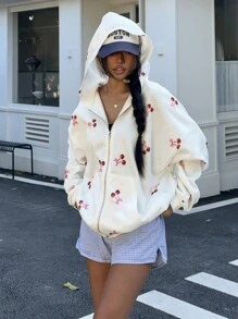 Flirla 女士樱桃印花落肩拉链连帽卫衣，秋季保暖长袖上衣，毕业季、教师节、返校季套头衫 - 白色 - 查看 4