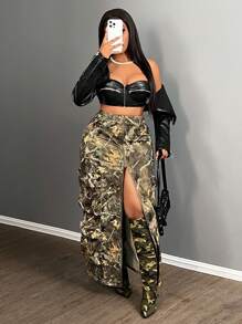 Slaydiva Urban Sexy Zipped Slit Tree Camo Print Multi Pocket Cargo Skirt - Style B - Multicolor - View 2