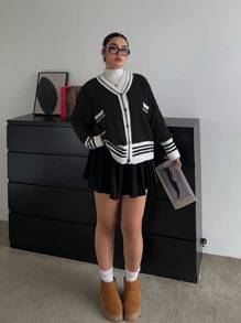 Flirla Áo len cardigan dệt kim cổ chữ V màu tương phản thời trang thu đông cỡ lớn - màu đen - Xem 6