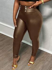 Slaydiva Quần bó da PU cạp cao thiết kế nút màu trơn cho nữ - màu nâu - Xem 4