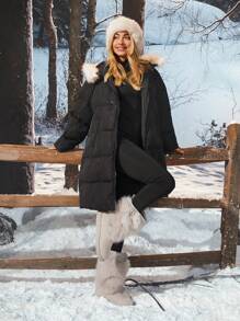 SHEIN EZwear 1pc Women's Winter Woven Wind Resistant Contrast Fuzzy Trim Coat - Black - View 5