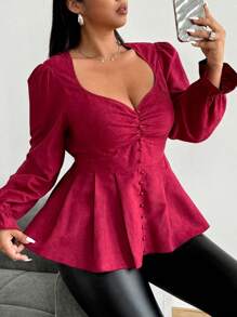 Flirla Camisa de manga larga con cuello de corazón, vuelo en el bajo y botones, en talla grande, de color vino tinto, informal para citas, reuniones - Burdeos - Ver 3