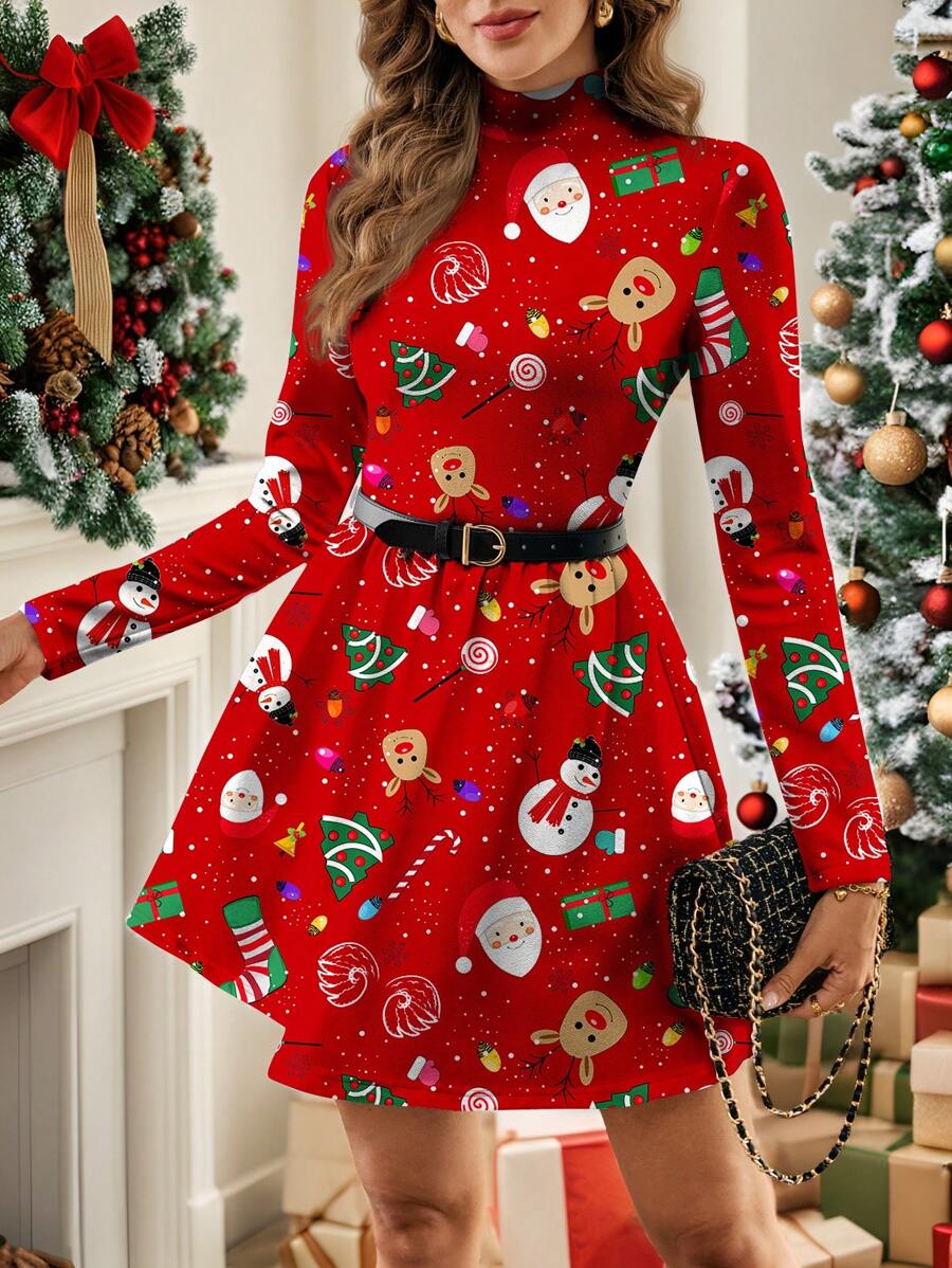 Glamance Gulsengunel 女士红色短裙长袖立领休闲纯色、圣诞、几何图案、全身印花夏季女装夏季连衣裙女士太阳裙度假连衣裙外出 - 紅色 - 查看 1