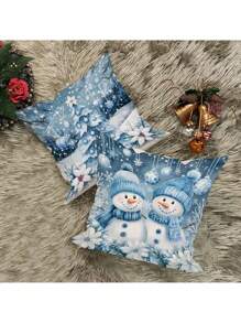 4 Paquetes de Fundas de Almohada Decorativas de Poliéster de Estilo Contemporáneo con Tema Navideño Invernal Azul con Diseños de Muñeco de Nieve, Árbol y Chimenea - Fundas de Cojín Decorativas Lavables a Máquina con Cremallera para Sala de Estar y Dormitorio - No incluye insertos