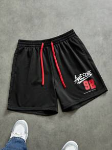 Sport MetroGents 男友风男士字母印花抽绳腰部宽松休闲健身运动短裤 - 黑色 - 查看 3