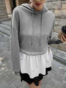 SHEIN Unity Women's Autumn/Winter Dropped Shoulder Long Sleeve Ruffle Hem Hooded Casual Comfortable Sweatshirt Pullover Fall - Grey - View 1