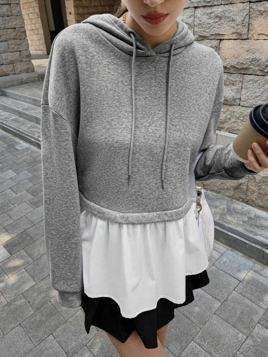 SHEIN Unity Women's Autumn/Winter Dropped Shoulder Long Sleeve Ruffle Hem Hooded Casual Comfortable Sweatshirt Pullover Fall - Grey - View 1