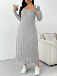 SHEIN EZwear Đầm dài tay màu trơn cỡ lớn tối giản, thường ngày để mặc hàng ngày - Xám - Xem 5