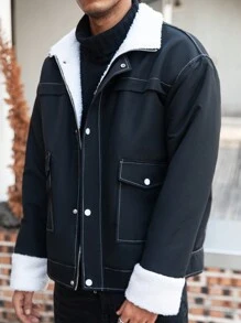 Manfinity Homme Men's Winter Loose Fit Thermal Lined Cargo Jacket With Pockets - Black - View 4