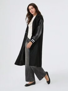 SHEIN EZwear Abrigo cruzado de doble botonadura con hombros caídos y bloques de color, ropa de invierno - Negro - Ver 3