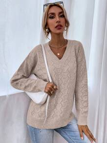 SHEIN LUNE Women Solid Color V-Neck Long Sleeve Casual Pullover Sweater