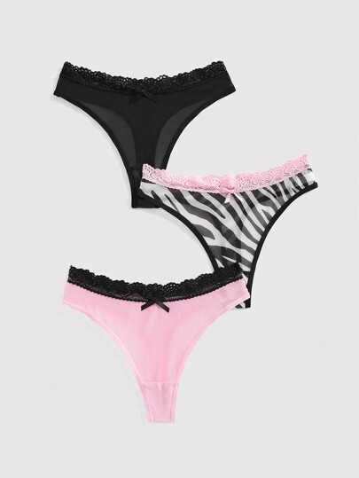 J-Fashion 3pcs Y2K Gyaru Style Zebra Print Mesh & Lace Colorblock Thongs Panties Set