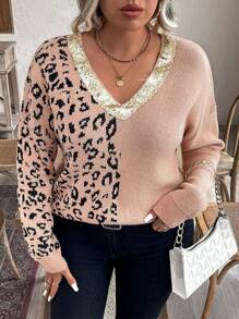 Calvaya Plus Size V-Neck Loose Leopard Print & Sequin Contrast Dolman Sweater, For Winter - Dusty Pink - View 4