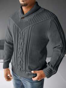 Manfinity Homme 大码男士纯色高领长袖简约毛衣，休闲日常穿着男士冬季毛衣男士毛衣冬季男士冬季毛衣男士粗针织毛衣，男士披肩领毛衣，男士灰色毛衣，男士冬季毛衣，秋季 - 深灰色 - 查看 6