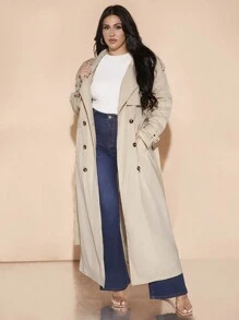SHEIN BAE Plus Size Women's Autumn And Winter Long-Sleeved Long Lapel Solid Color Double-Breasted Trench Coat (With Belt) Elegant And Versatile Fashion Date Out