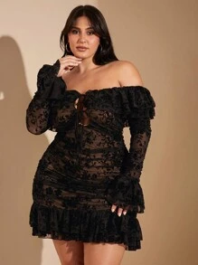 SHEIN BAE 大码女式浪漫甜美性感派对弹力植绒网眼荷叶边露肩迷你褶饰连衣裙，万圣节派对 - 黑色 - 查看 5