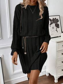 Chiquease 圆领灯笼袖罗纹中长针织毛衣连衣裙