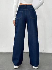 EURMUSE Slant Pocket High Waist Straight Leg Jeans - Dark Wash - View 2