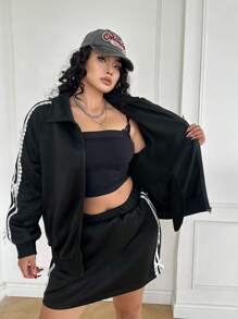 Flirla 女士休闲运动套装，蝴蝶结条纹连帽夹克和迷你裙 2 件套，春季 - 黑與白 - 查看 8