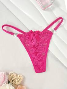 MidnightGlam Floral Lace O-Ring Detail Bow Front G-String Sexy Lingerie Bow Tie, Lingerie For Women,Sexy,Valentine's Day,Wedding - Hot Pink - View 7