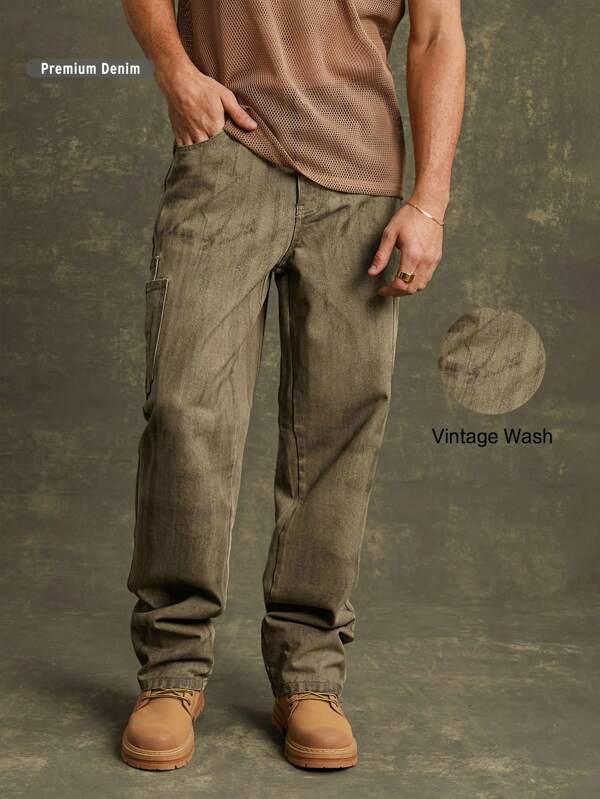 Pantalones vaqueros rectos de utilidad de algodón premium lavados para hombres