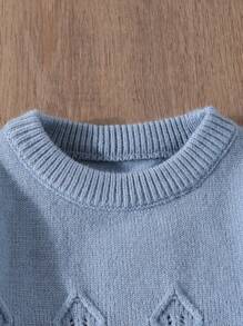 2 件套男婴针织服装，时尚简约纯色粗针织圆领毛衣和针织裤，男婴感恩节服装 - 藍色 - 查看 5