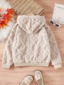 Mother-Daughter Matching Thermal Lined Hooded Sweatshirt, Thicken Flocked Embroidered Letter & Pattern Pullover, Beige Warm Fuzzy Jumper, European Style