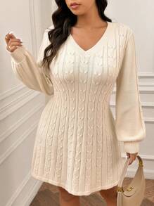 SHEIN Frenchy Plus Size Women Apricot V-Neck Form-Fitting Midi Dress, Elegant French Style All-Match Layering Dress For Autumn/Winter Fall/Winter - Apricot - View 5